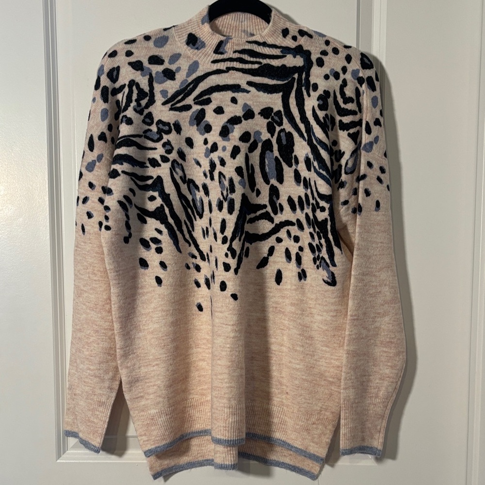 Stylish Light Pink, Blue and Black Patterned Turtleneck Sweater